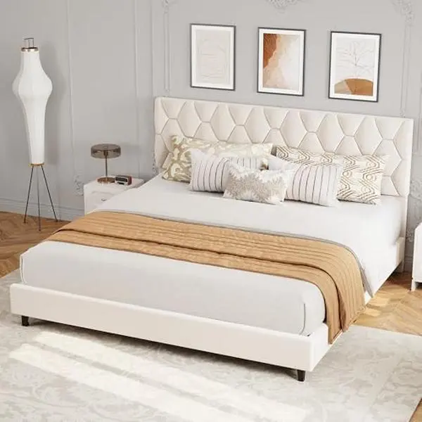 Ivory White King Upholstered Platform Bed Frame with Adjustable Headboard, Heavy-Duty Wood Slats, No Box Spring Needed, Noise-Free, Easy Assembly, Supports Up to 900 lbs, Up To 900 Pounds