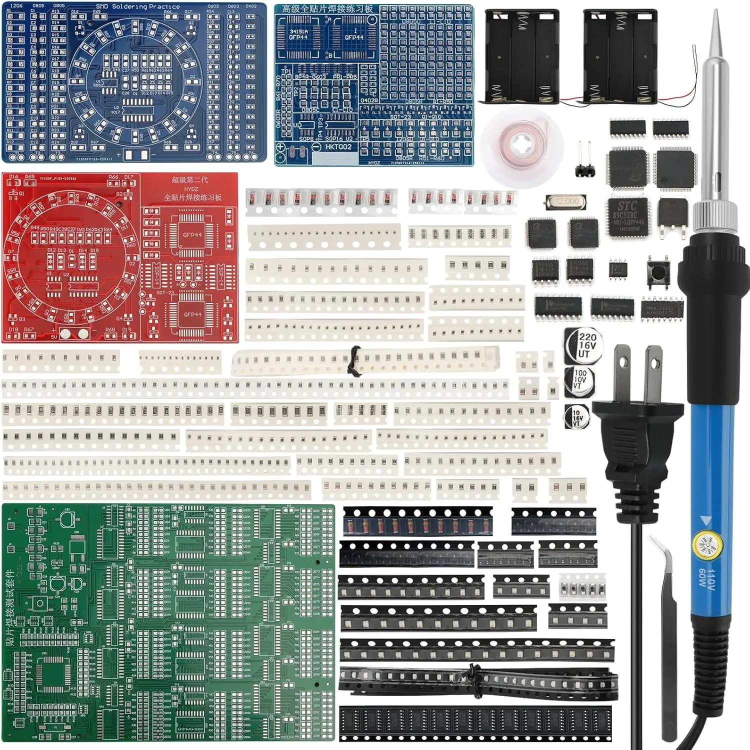 SMD/SMT Soldering Practice Kit for Beginners, 4 PCB Training Boards (Blue/Red/Green + Small Blue), Covers 1206/0805/0603/0402, 60W Soldering Iron, 2 Battery Boxes, Instructions, Complete Components