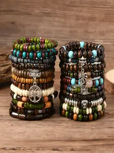 Elegant Wooden Beaded Multi-Layer Bracelet Set, Life Tree Leaf Pendant with Turquoise Beads, Perfect Gift for Him & Her