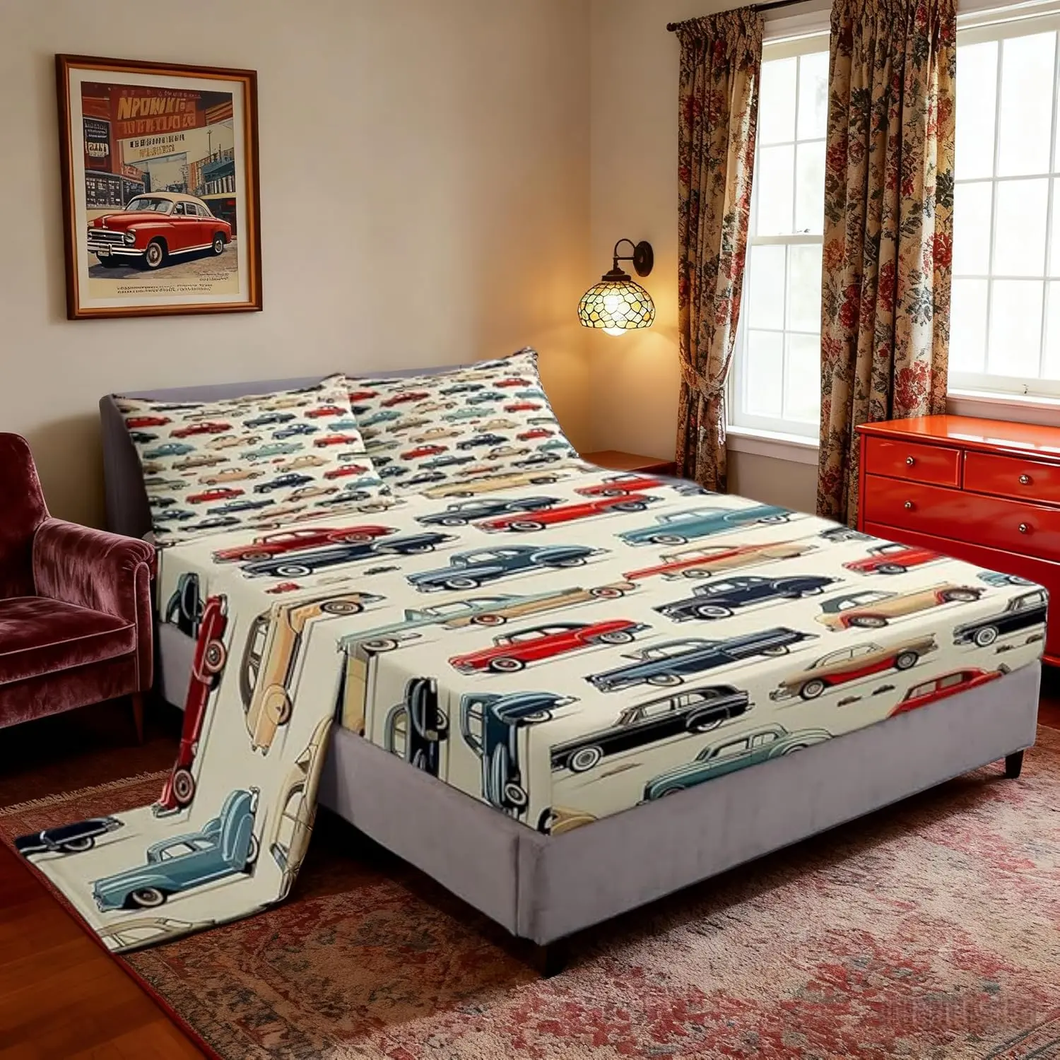Vintage Cars Sheet,80s Retro Sports Car Bedding Set,Transport Vehicles Bed Decor Modern Fashion Beige Fashion Bed Sheet Set (Fitted + Flat Sheet)