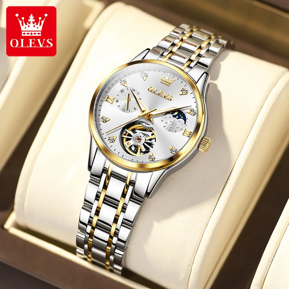 High-grade luxury hollow flywheel women's fully automatic mechanical watch OLEVS brand value explosion luminous waterproof women's watch 6608