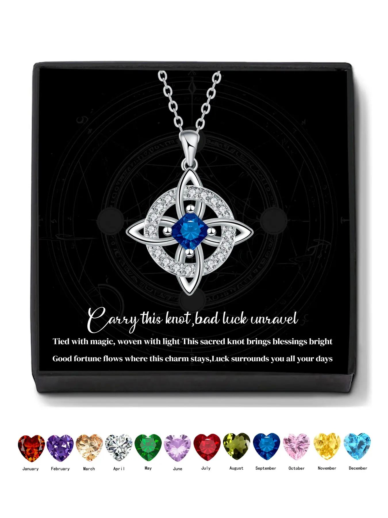 Witches Protection Knot CZ Birthstone Pendant Necklace With Blessed Message Card, Pagan Magic Wiccan Witchcraft Protection Jewelry Amulet Religious Faith Gifts for Women Wife Mom