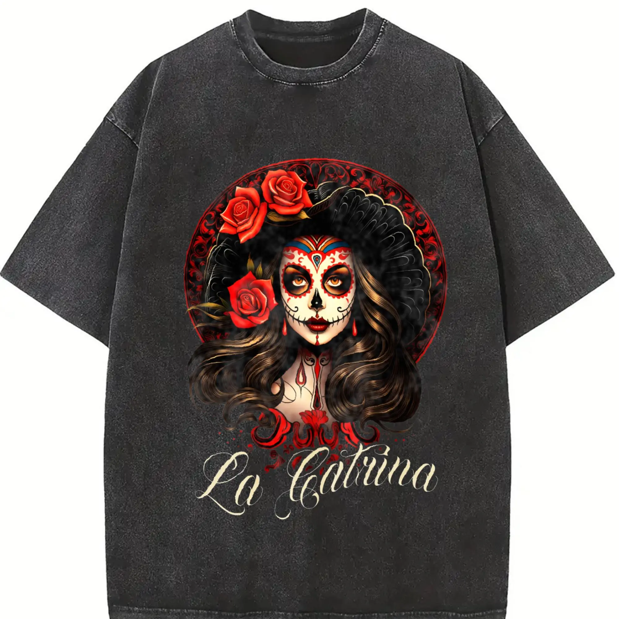 Women's La Catrina Graphic T-Shirt - Vintage Oversized Boyfriend Fit Soft Cotton Tops, Short Sleeves, Day of the Dead Streetwear, Casual Fashion Clothes, Round Neck, Machine Washable, Cold Hand Wash Option, Do Not Bleach
