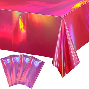 4 Pack Hot Pink Iridescent Plastic Tablecloths - Holographic Foil Covers for Birthday, Bridal, Wedding