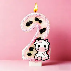 1pc pink cow-themed glittery birthday cake number candle and holiday decoration, suitable for coming-of-age ceremonies, graduations, birthdays, housewarmings, first birthdays, or wedding party decorations, Birthday Candles