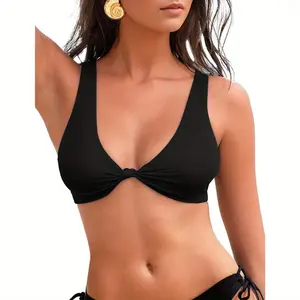 Women' s V Neck Knot Front Push Up Bikini Tops Cut Out Adjustable Bathing Suit Top Beach Swimsuit Top Only