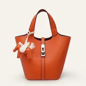 CN-6004 Tote Bag for Women Vegan Leather Bucket Purse for Women Top Handle Handbag Shoulder Bag with Detachable Small Purse Yellow Brown TikTokShopHolidayHaul