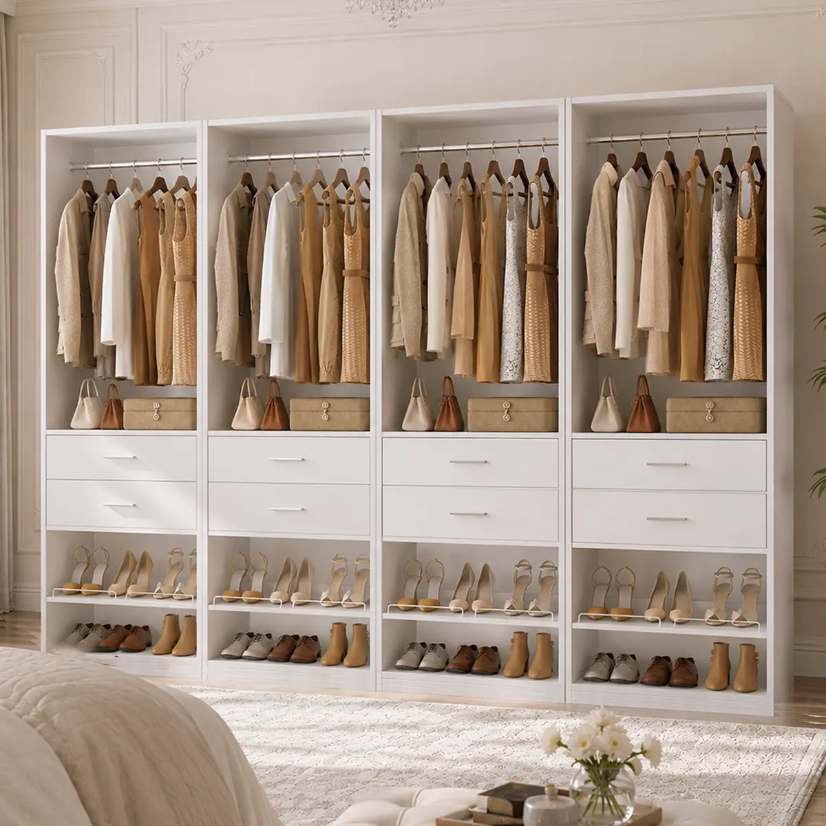 Cyclysio 25" Contemporary Closet Organizer Tower - Engineered Wood Drawer Organizer Wardrobe, Adjustable Shoe Rack/Shelf, Reversible Modular Freestanding Unit, Hanging Rod, White, Closet Organization, Clever & Compartmentalized Storage Wardrobes