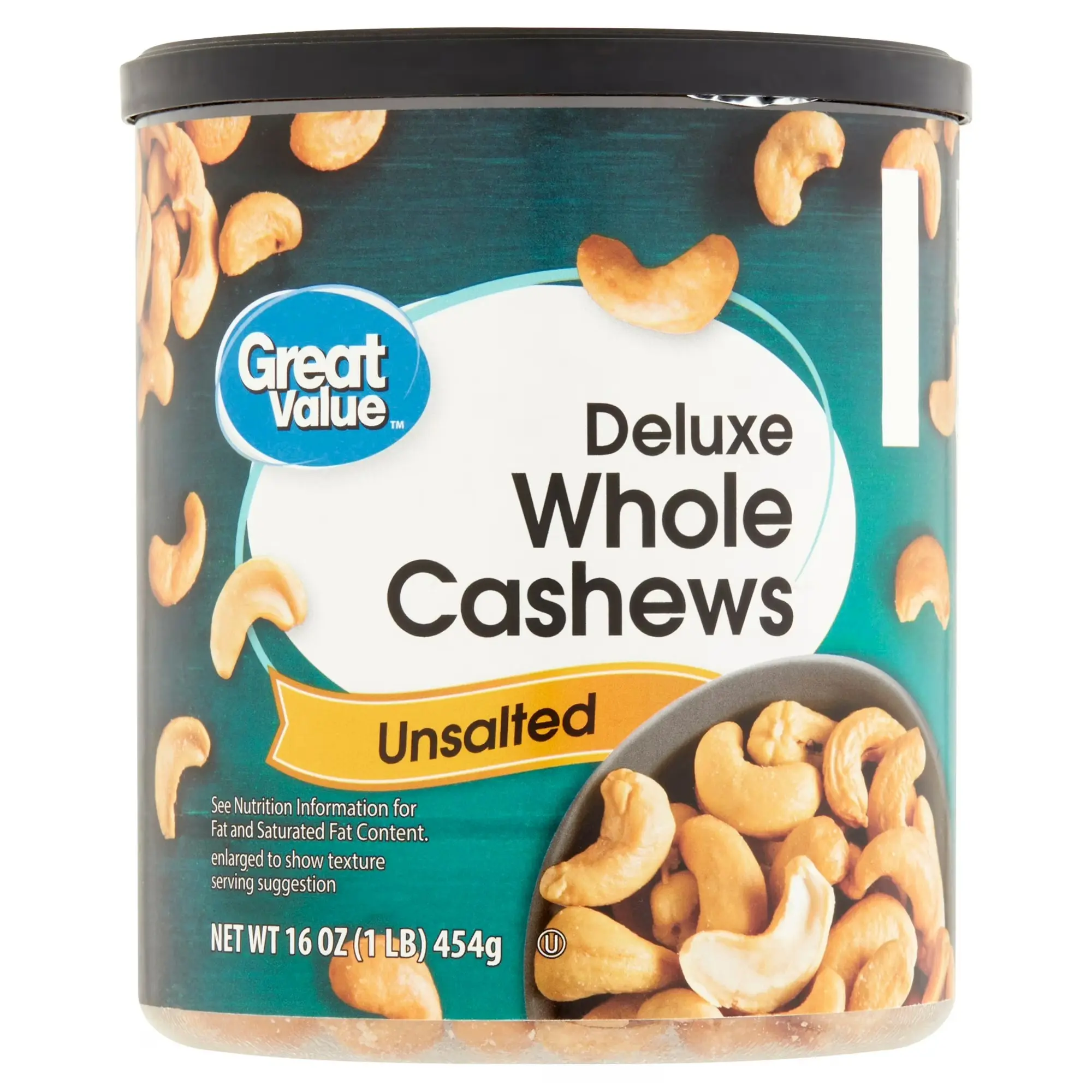 Great Value Deluxe Whole Cashews, Unsalted, 16 oz – Premium Whole Cashews, Natural Snack, Resealable Container