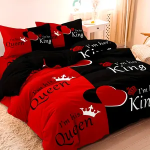 Deep red and black three-piece bedding set, sizes for queen and king, with printed English letters on the sheet cover and pillowcases