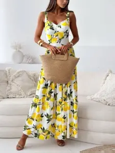 HiddenBrand_HJW04245 Vibrant Summer Lemon Print Maxi Dress for Women - Spaghetti Strap, Long Length, Size S-2XL, Fashionable & Stylish