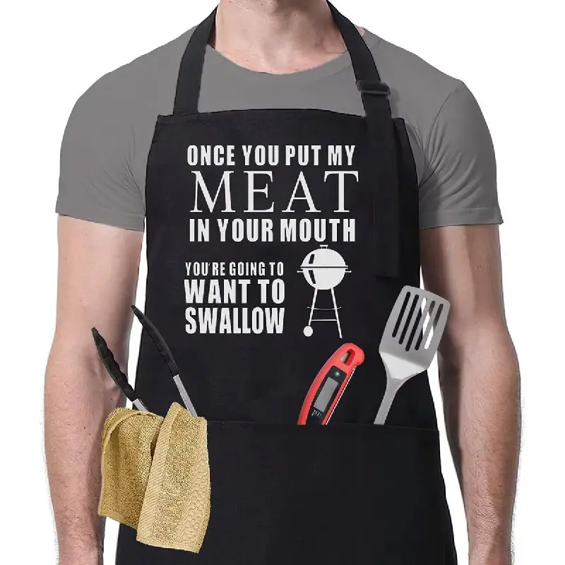 Funny Grilling Apron for Men - Meat Your Mouth - One Size Fits All - Kitchen Cooking Barbecue Apron with 3 Large Pockets for Dad, Husband, Boyfriend - Black Mens Outdoor BBQ Apron