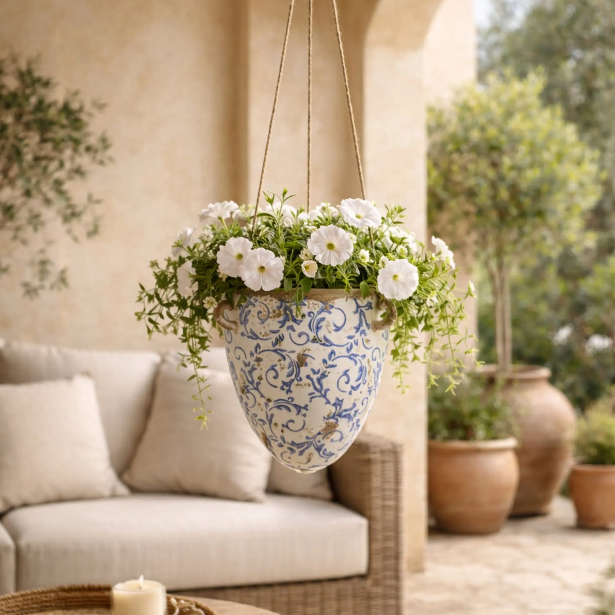 2’ Rustic Tuscan Hanging Ceramic Scroll Planter - Decorative Garden Planter, Plant Decor, Farmhouse Hanging Basket for Indoor Container Gardening & Plant Display, Hanging Baskets