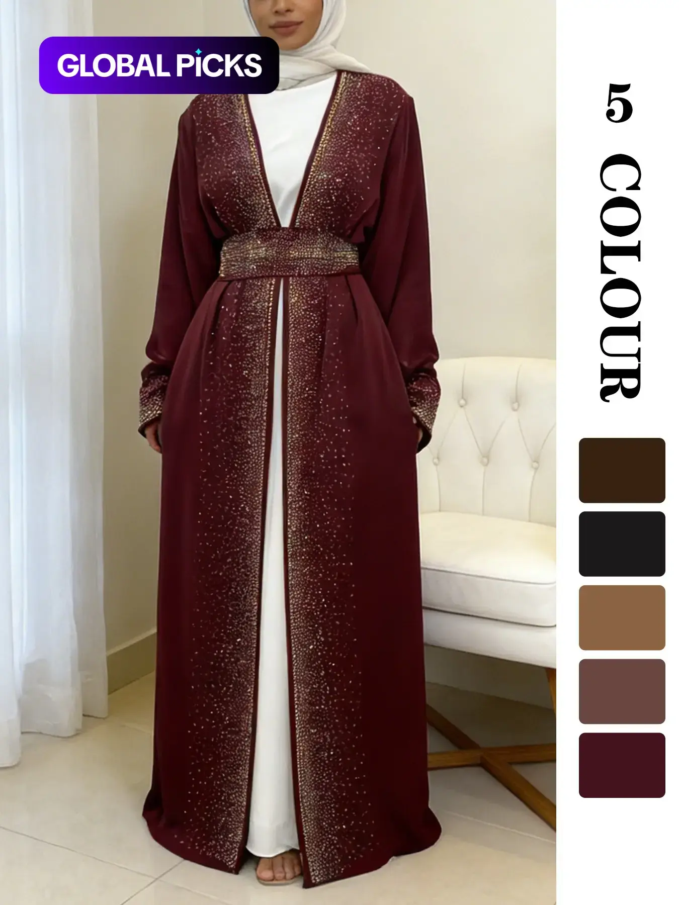 Women's Glitter Rhinestone-Embellished Belted Long-Sleeve Open-Front Modest Abayas for Eid, Women's Islamic Clothing Islamic Abaya Dress for Spring and Fall, Elegant Islamic Clothing Muslim Clothing