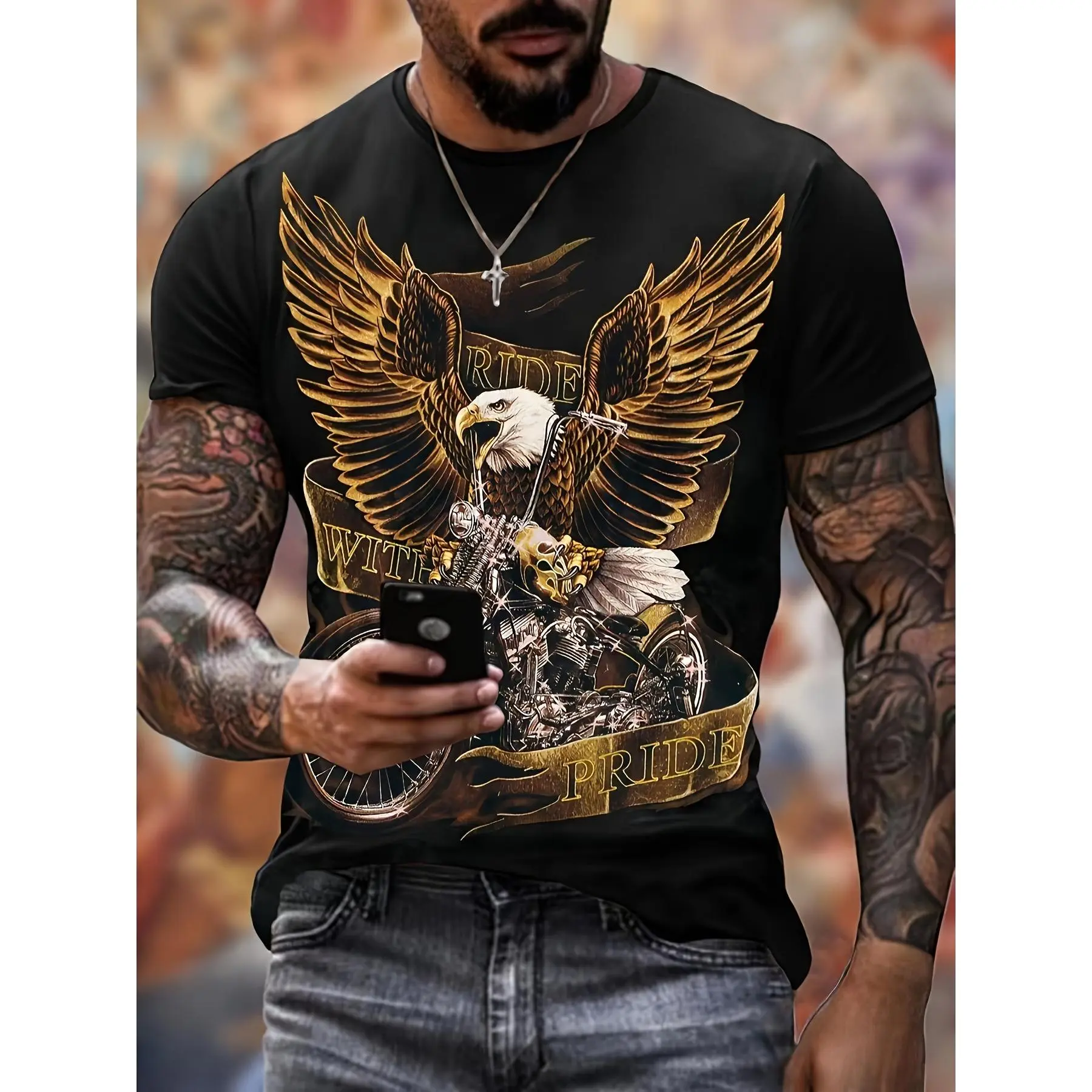 Men's Eagle Knit Cotton Short-Sleeve Round Neck T-Shirt - Casual Sports Tops, Sporty Summer Outdoor Activity Top, Sporty Sports Tops