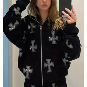 Women's Easter Geometric Cross Print Zip Up Hoodie, Graphic Hoodie, Casual Fabric Longsleeves Zipper Hooded Top for Fall & Winter, Lady Back To School Clothes for Daily Wear, Comfort Fitted Womenswear, Sweatshirts
