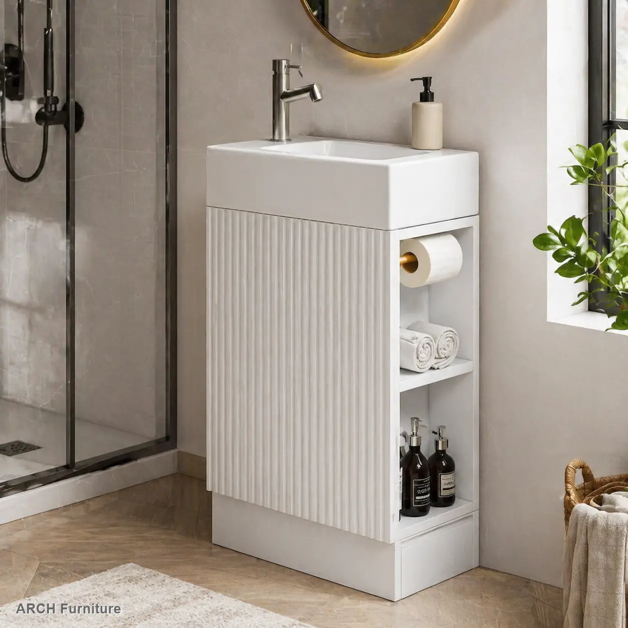 18.6" Modern Waterproof MDF Bathroom Vanity - Single Sink, 2-Tier Shelf Floor Unit, MDF Cabinets, Left/Right Orientation, 18.6"l x 10.6"w x 33.2"h, 44.10 lbs, 80lbs Capacity, Assembly Required, White Bathroom Cabinet Storage (Old Sku:WF308491AAK)