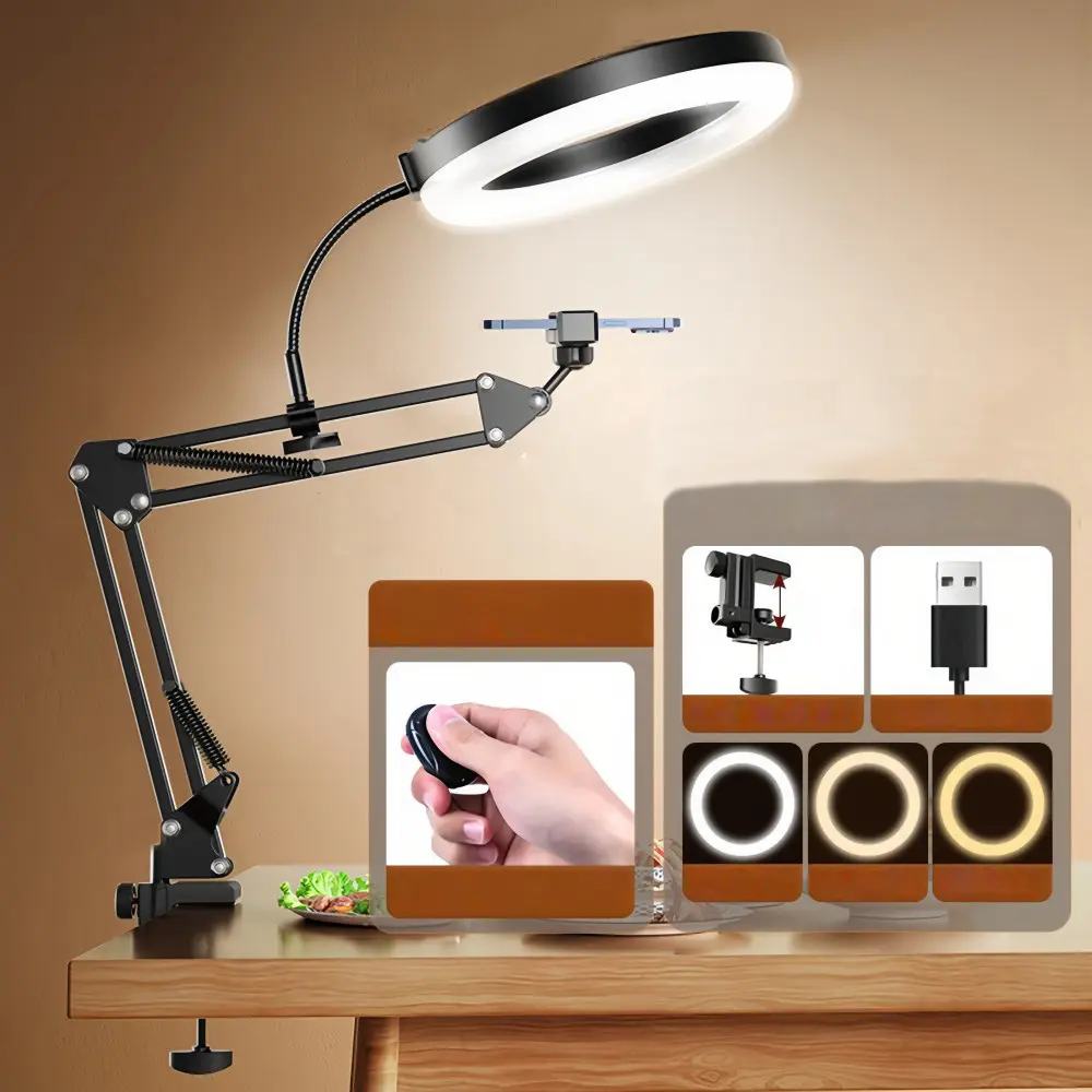 Adjustable Overhead Camera Mount with Ring Light, Flexible Articulating Clip Vlogging Kit - Mobile Phone Arm Stand, Tripod Phone Holder Stabilizers & Supports for iPhone, Logitech Webcam (YouTube Live Stream, Cooking, Nail Video Recording), Compact