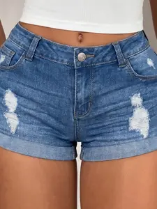 Women's High Waisted Denim Shorts, Fit, Button Closure, Distressed Ripped Design, Cuffed Hem, Pockets, Y2K Style, Casual Streetwear for Summer