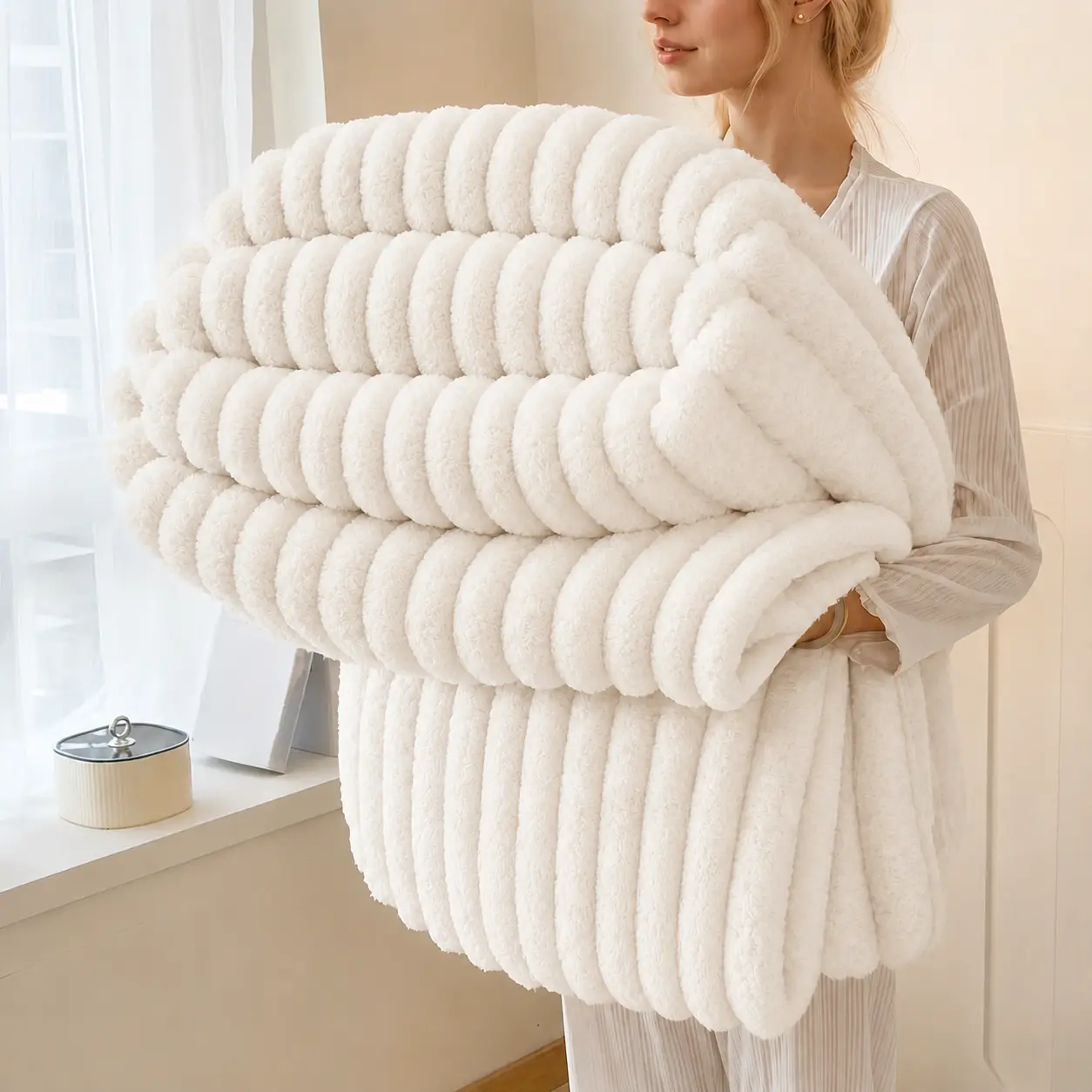 [Oversized Comfort]UFIST Ivory Cream Throw Blanket for Couch & Bed, Ultra Soft Lightweight Textured Stripe Blanket, Neutral Home Decor Blanket for Bedroom Living Room, All Season Cozy Essential
