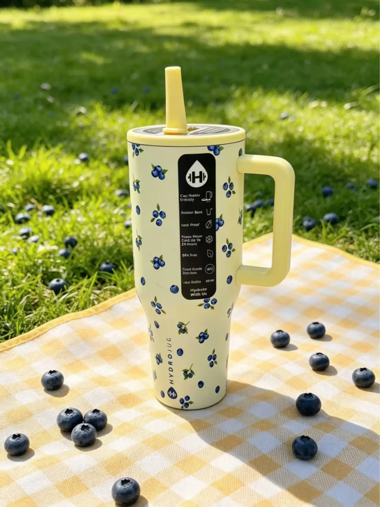 HydroJug 40 oz insulated cup, cream blueberry pattern stainless steel travel cup with handle and straw, leak-proof water bottle, 24-hour refrigerated function, suitable for bedroom and day portable water bottle