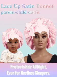 High-Quality Satin Sleep Cap with Long Tie, Adjustable Butterfly Knot Wide Brim, Protects Hair During Sleep, Parent-Child Matching Design, Adjustable Satin Bonnet