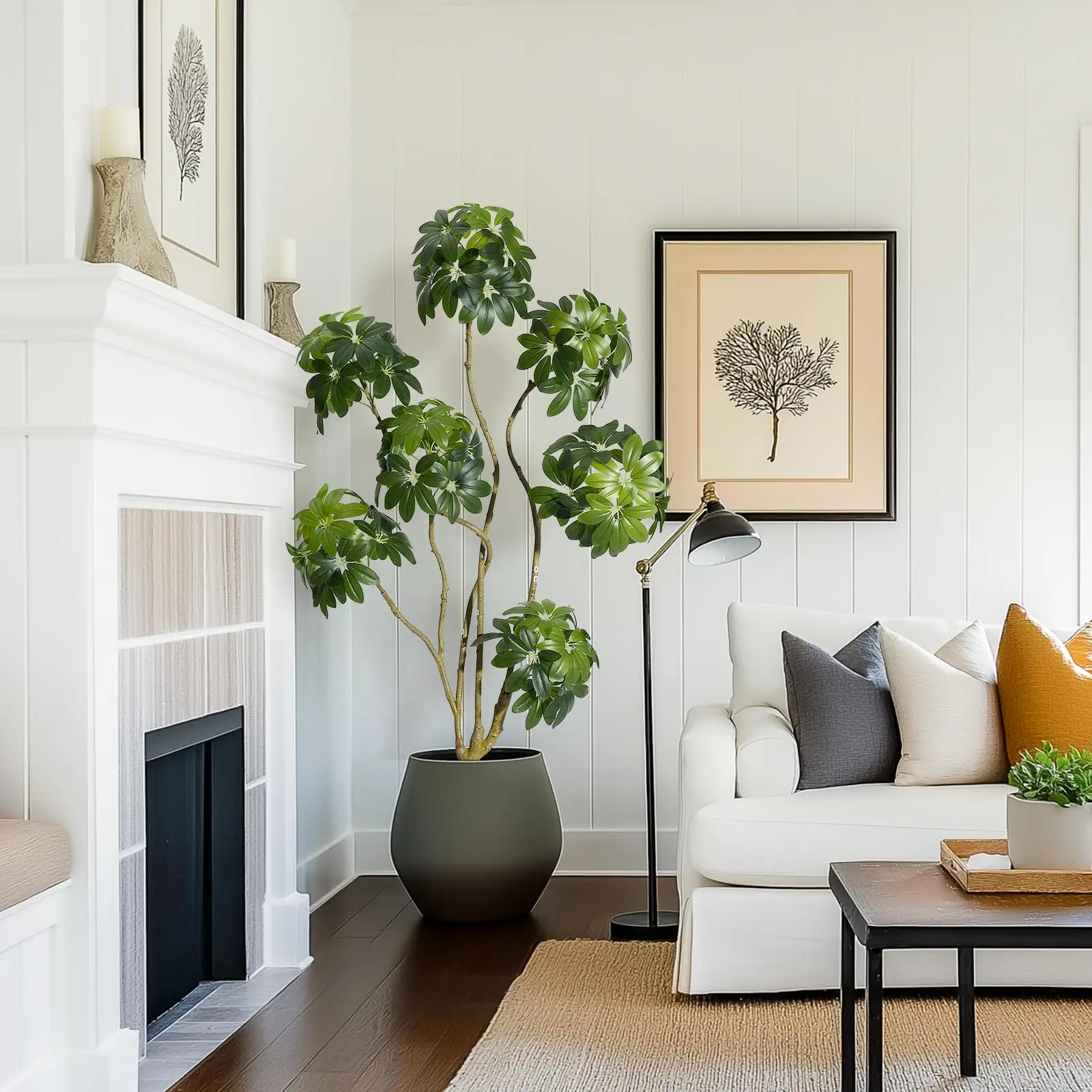 Tall Artificial Umbrella Schefflera Tree | Fake Indoor Plant in White Pot with Multiple Trunks | Faux Floor Tree for Home Office Porch Decor