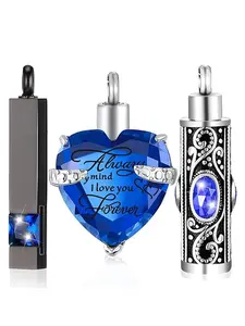 3 Pieces Cremation Urn Necklace for Ashes Vertical Bar Zircon, Heart Crystal Necklace Urn Stainless Steel Waterproof Memorial Pendant Wife Necklace