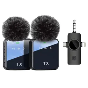 Wireless Lapel Microphone High-End Square Stereo Radio Audio Noise Easy to Operate and Use for Smart Phone Live or Outdoor Vlog with Dual Windmuff Filters