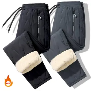 Men's Solid Color Thermal Lined Pants, Regular Fit, Waterproof, Drawstring Waist, Zipper Pocket, Comfy Warm Trousers for Fall & Winter, Athletic Fleece Menswear, Beige Plain Sportswear