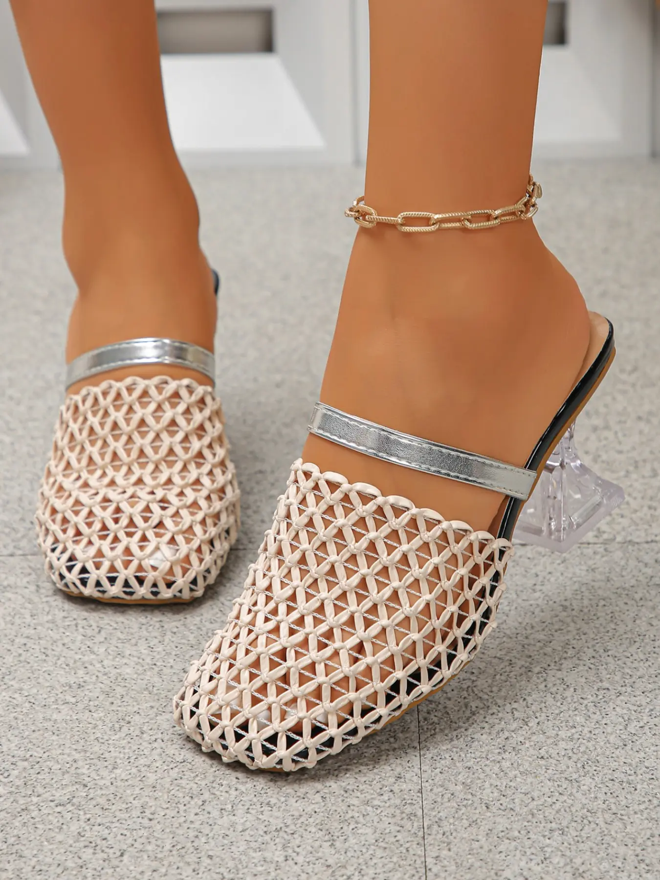 Trendy Mesh Square Toe Mules, Transparent Thick Heel Slip-On Shoes, Bold Style Women's Footwear, Perfect for Fashionistas, Transparent Heels, Thick Soled Mules