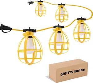 50FT Construction String Lights, 50W 5 Bulbs Work Lights with E26 Base, IP65 , 4000LM 6500K Indoor & Outdoor Temporary Lighting for Workshop, Mine cave, Job Site
