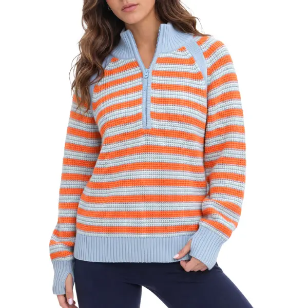 Fisoew Women's Horizontal Stripe Quarter Zip Waffle Knit Sweater, Stand Collar Raglan Long Sleeve Thumb Hole Cuff Pullover Knit Top