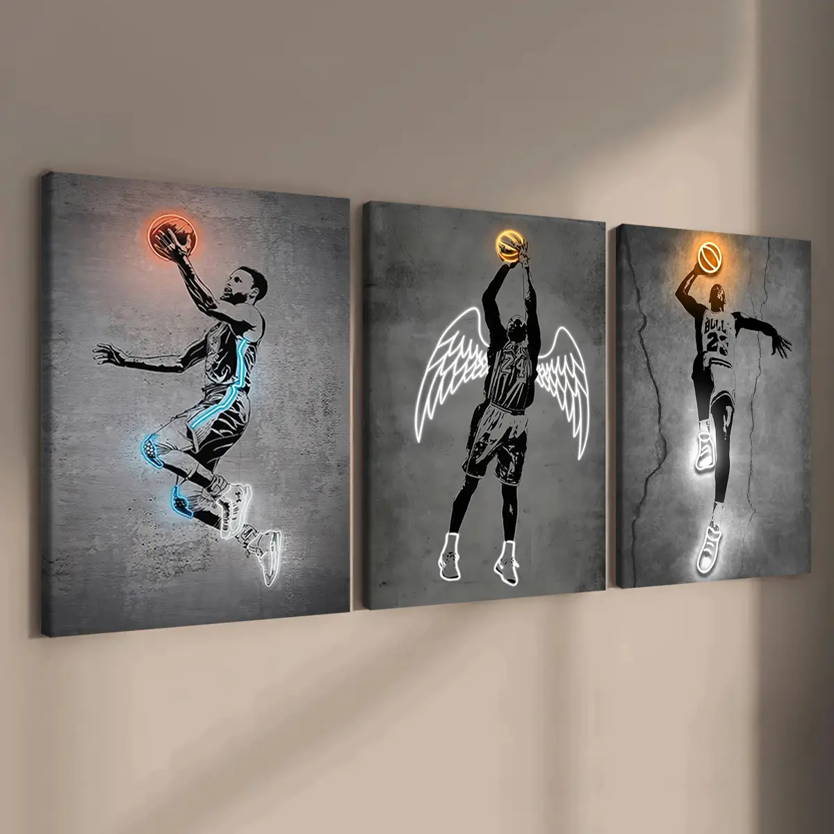 3-count wooden frame canvas, Decorative artwork, Art work for wall decor, basketball flying man mid-air Slam Dunk art poster, modern art home wall decoration