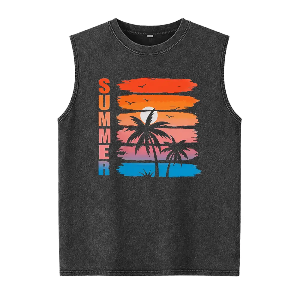 Retro Summer Sunset Palm Washed Vest Summer Vibes Washed Vest, Summer Beach Washed Vest,Chasing Sunset Summer,