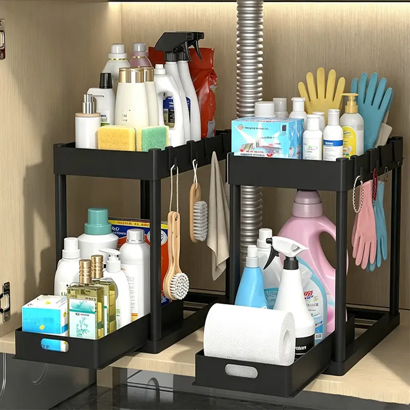 Under Sink Organizer 2 Pack, Bathroom Cabinet Organizer, 2 Tier Sliding Cabinet Basket Organizer Drawer, Multi-Purpose Bath Collection Baskets for Bathroom