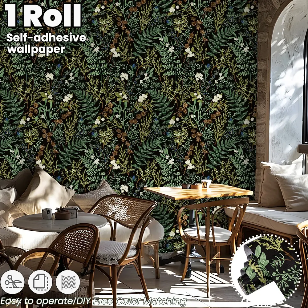 American Vintage Leaf Wallpaper Roll, Self-Adhesive Jungle Pattern, Easy Peel & Stick, Indoor Living Room Wall Decor, Kitchen Furniture Renovation