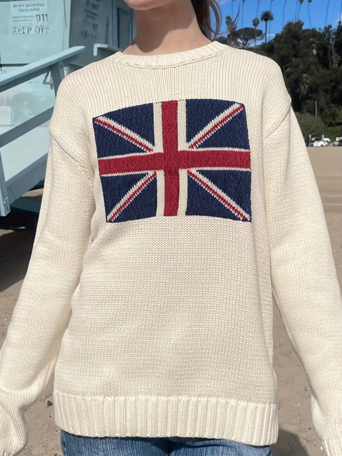 Women's Trendy Fashion Y2K Fitted Pullover with Union Jack Graphic Print & Crew Neck Soft Knitted Fabric Sweater Knitwear for School & Streetwear Casual Retro Style Jumper Tops
