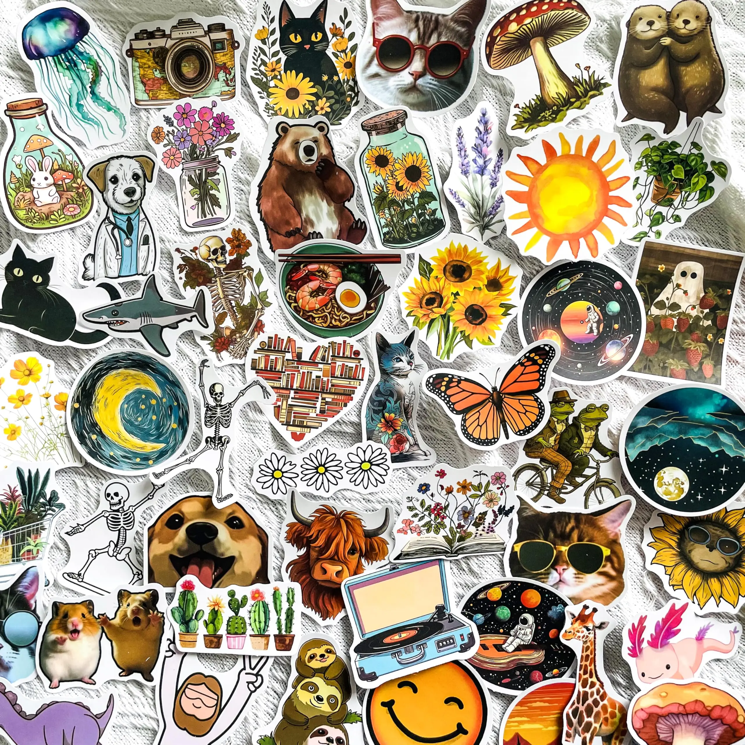 50-Piece Cute & Artistic Nature Stickers - Waterproof Vinyl Animals, Flowers, Mushrooms, Galaxies, Retro Aesthetic Stickers for Laptops, Water Bottles, Scrapbooking