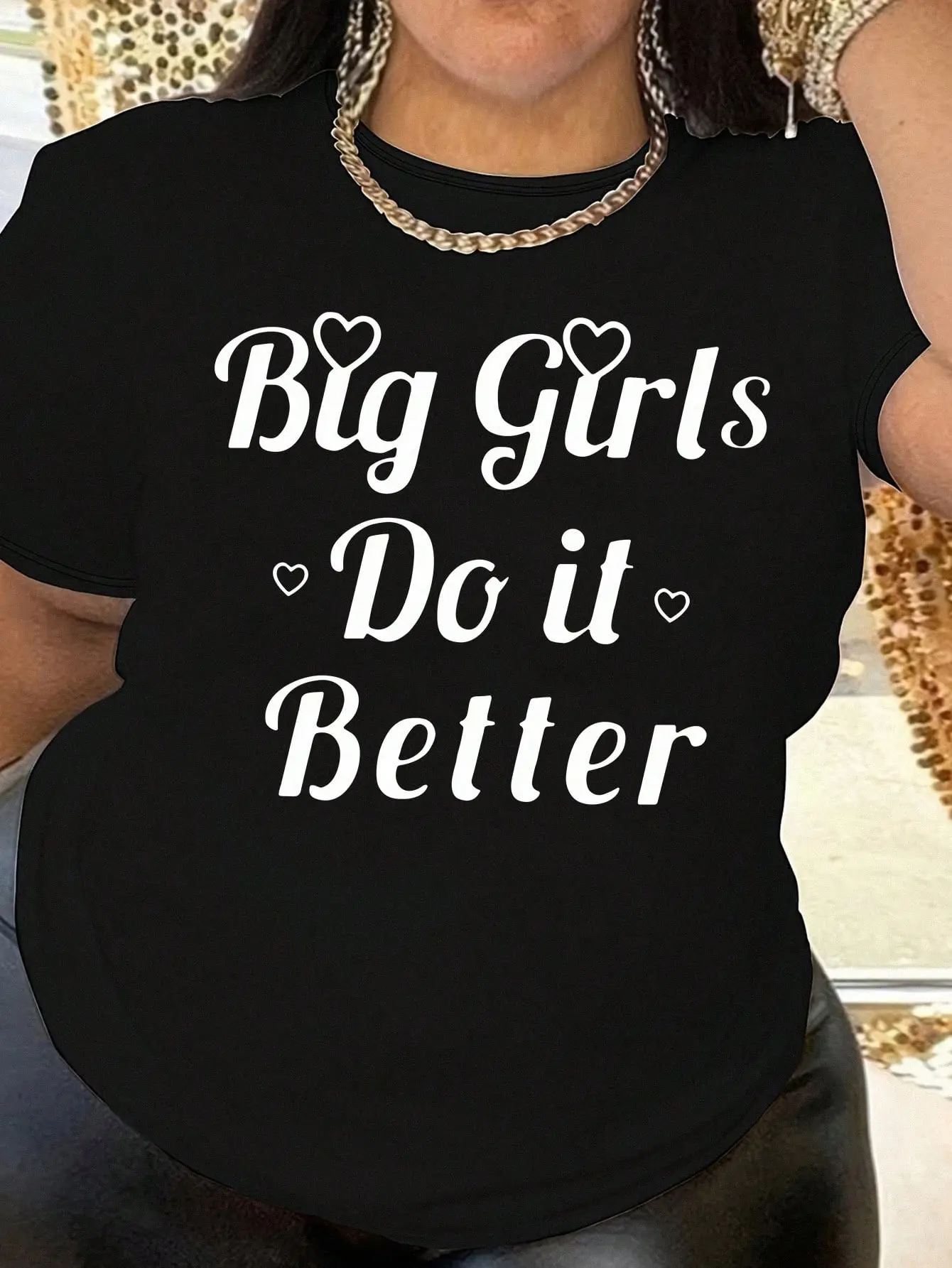 Large Letter Slogan Printed T-Shirt, Casual Round Neck Short Sleeved T-Shirt, Women's Plus Size Clothing Black Summer