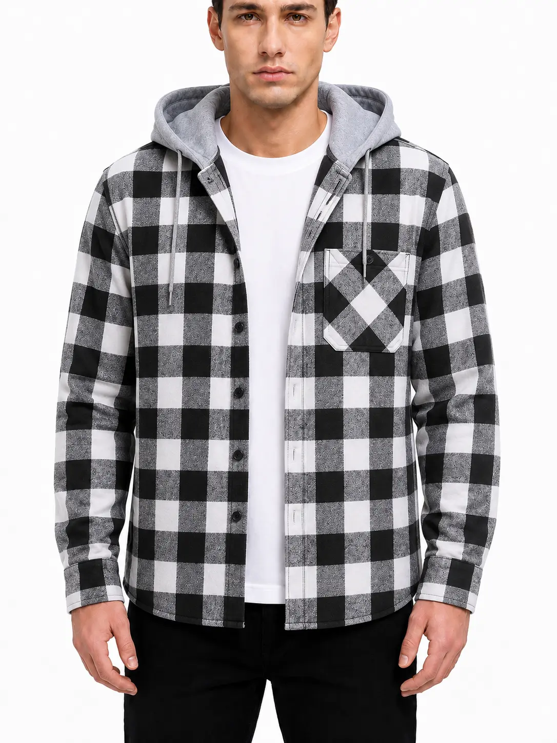 ZITY Men’s Plaid Hooded Flannel Shirt Jacket, Long Sleeve Button Down Shacket with Drawstring Hood & Chest Pocket, Casual Fall Layering Overshirt**