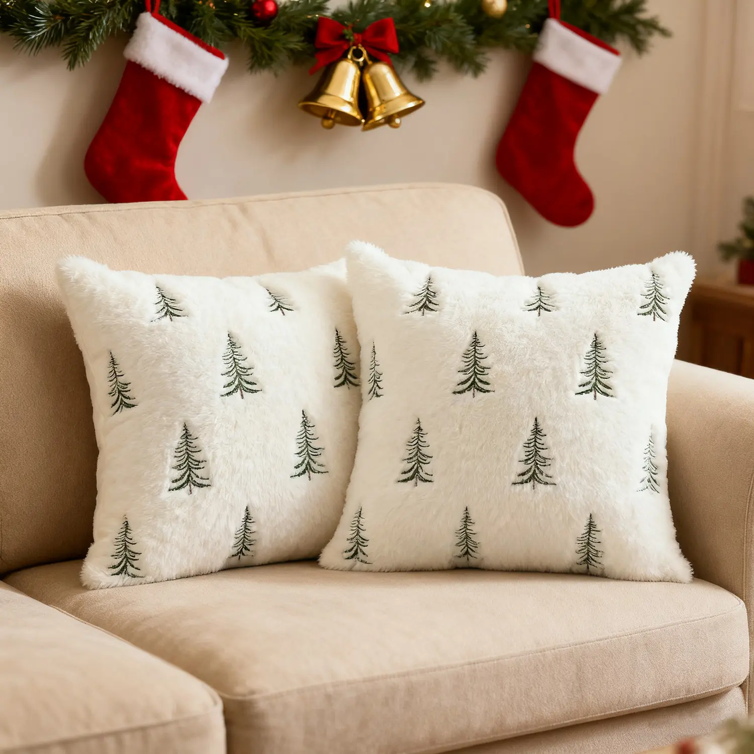 Christmas Cushion Covers 2-Piece Set - 18x18 in Faux Fur Soft Furry Cushions with Embroidered Christmas Trees, White & Green, Instant Sofa Upgrade, Festive Home Décor for Couch Bedroom