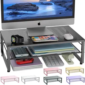 2-Tier Metal Monitor Stand Riser, Desk Accessories & Workspace Desk Organizers, Office Desk Storage Organizer for Office Supplies (Black)