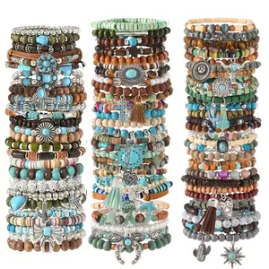 40Pcs Handmade Wooden & Turquoise Stone Bead Bracelet Set with Zinc Alloy Pendant | Mix Colors, Christmas Gift, Popular Couple Bracelet Set, Party Gift
