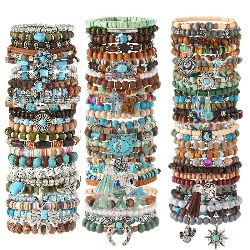 Unisex 40-Piece Wooden-Turquoise Bead Bracelet Set - Handmade Arm Candy Accessories with Pendants, Bracelets for Women, Meaningful Gifts for Adults for Daily Wear & Party Use, Turquoise Jewelry, Accessories Adults, Exquisite, Gifts For Adulting Women, 40P