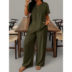 Summer New Plus Size Women's Casual Long Sleeve Shirt & Loose Pants Set, Perfect for Vacation