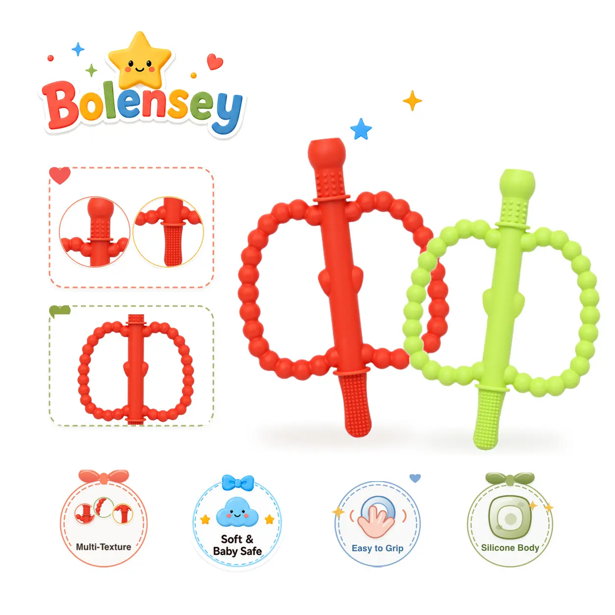 Bolensey 2-Pack Montessori Fruit Silicone Hand Teethers - Red & Green BPA-Free Sensory Teethers with Beaded Open-Grip, Multi-Texture Surfaces, Double Rings, Fun Shape Stick for 0-12 Months Baby Oral Care & Grip Exercise (Baby Safe), Hand Teether, Sensory