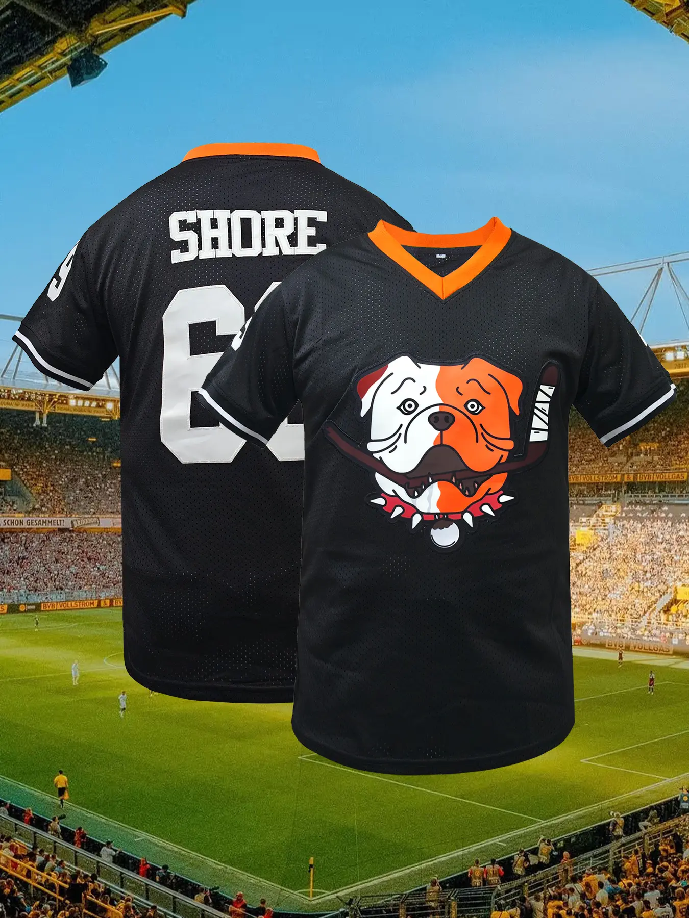 Shore 69 Sudbury Black Bulldogs Adult Fan Hockey Jerseys Embroidered V-Neck Loose Fit Polyester Sports Shirt -Breathable Slight Stretch