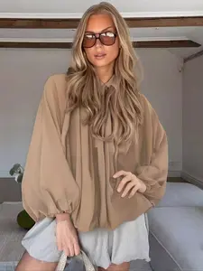 Women's Puff Sleeve Shirt Collar Zipper Jacket, Loose Fit Casual Outerwear, Elegant Long Sleeve Top for Daily Wear