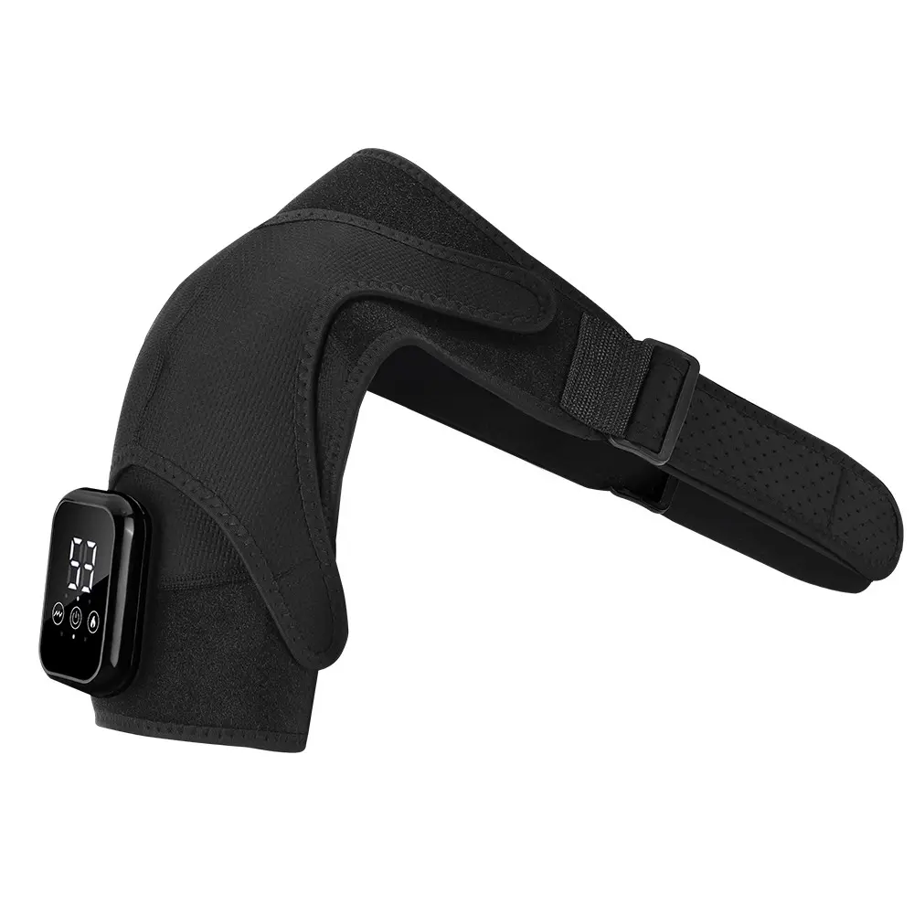 Black & Gray Oversized Adjustable Heated Shoulder Massager Therapy, 3 heat levels & 3 vibration modes, 2500mAh rechargeable, large digital display, extended strap for shoulder relief